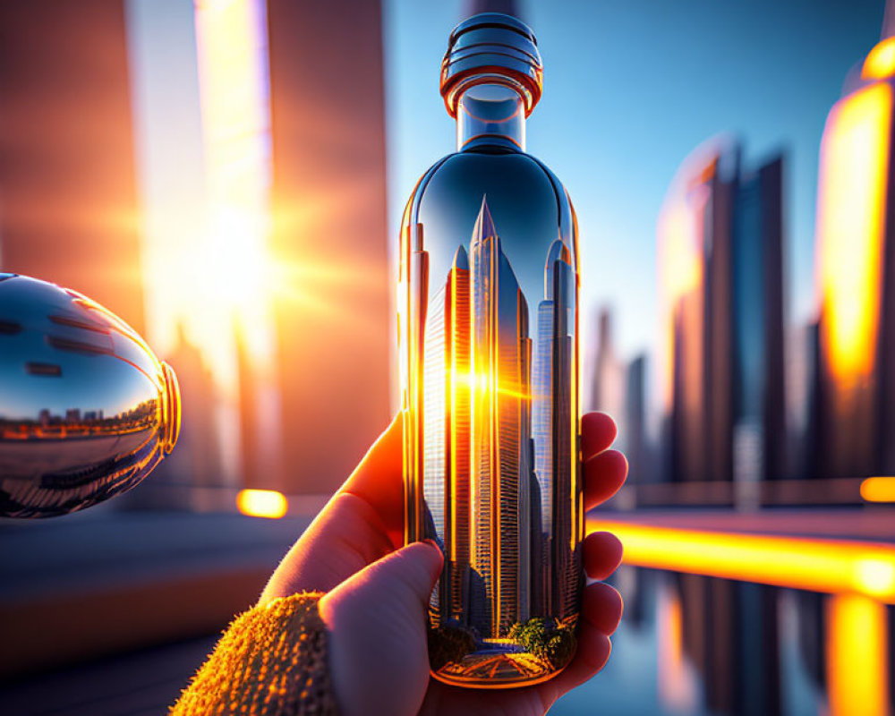 Transparent bottle with miniature cityscape held against skyscrapers at sunset