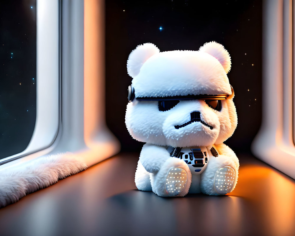 Plush toy bear with sunglasses gazes out spaceship window