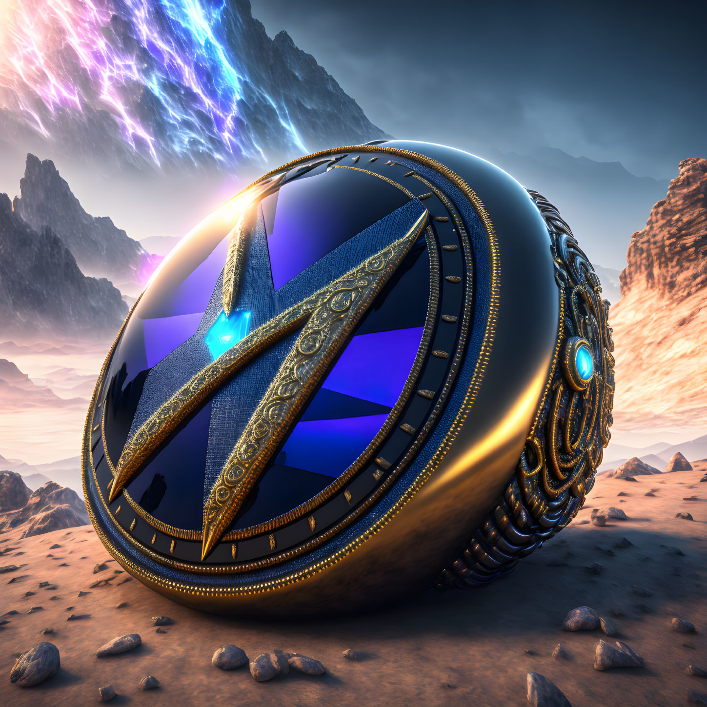 Ornate futuristic spherical object on alien landscape with purple skies