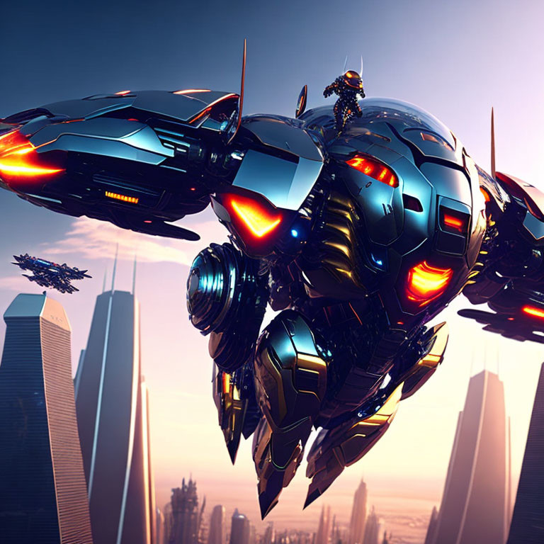 Armored pilot on futuristic jetbike above cityscape at sunset