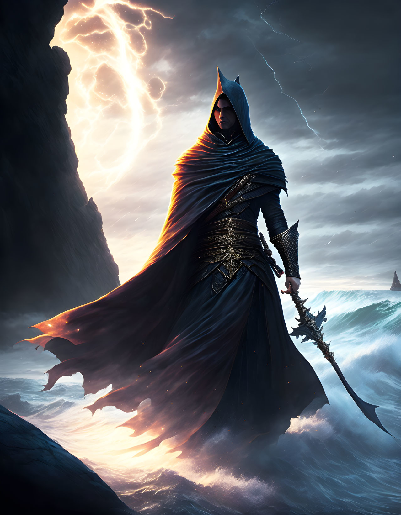 Hooded figure with jagged sword on cliff above stormy sea