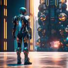 Futuristic robot in sleek armor in neon-lit cityscape