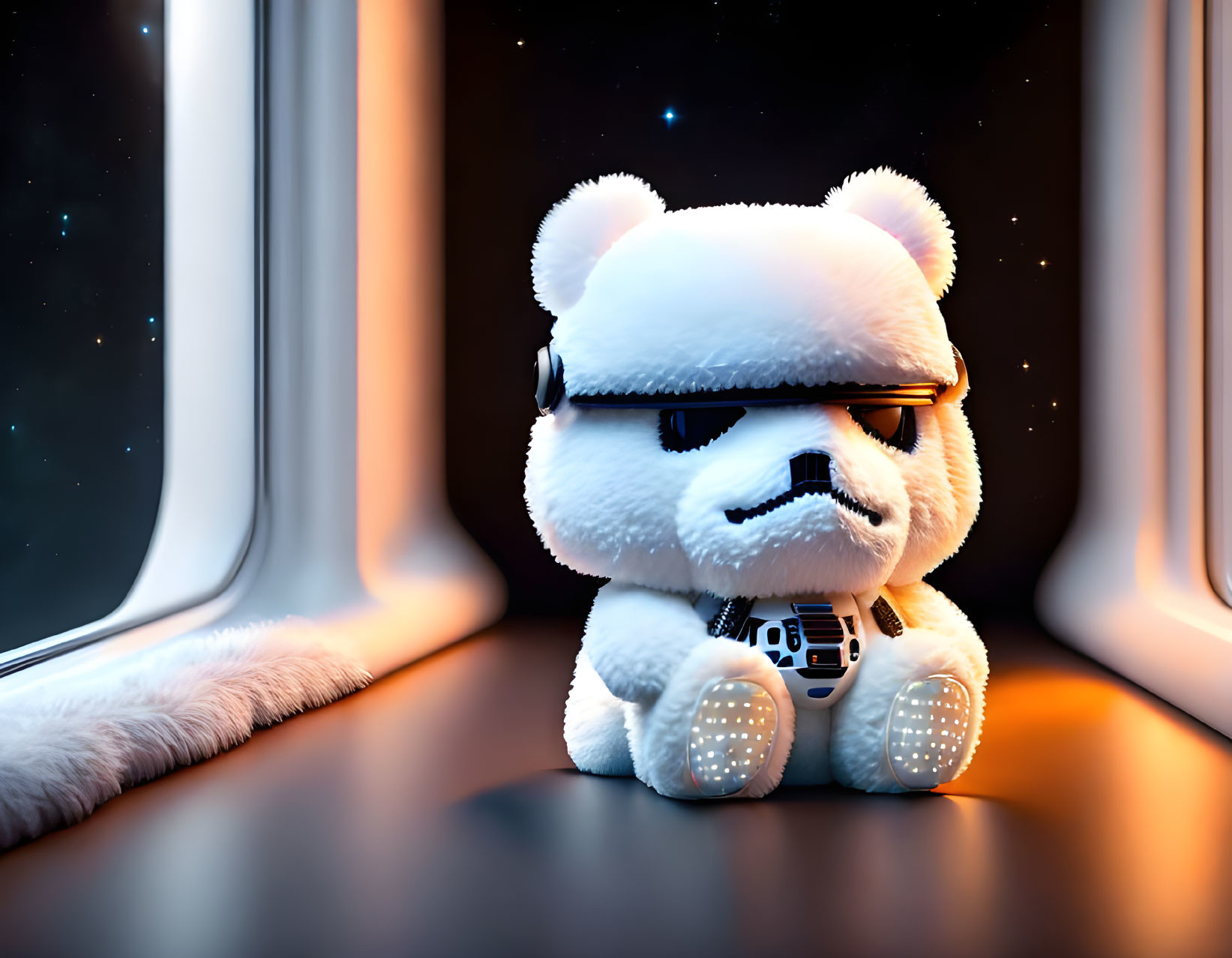 Plush toy bear with sunglasses gazes out spaceship window