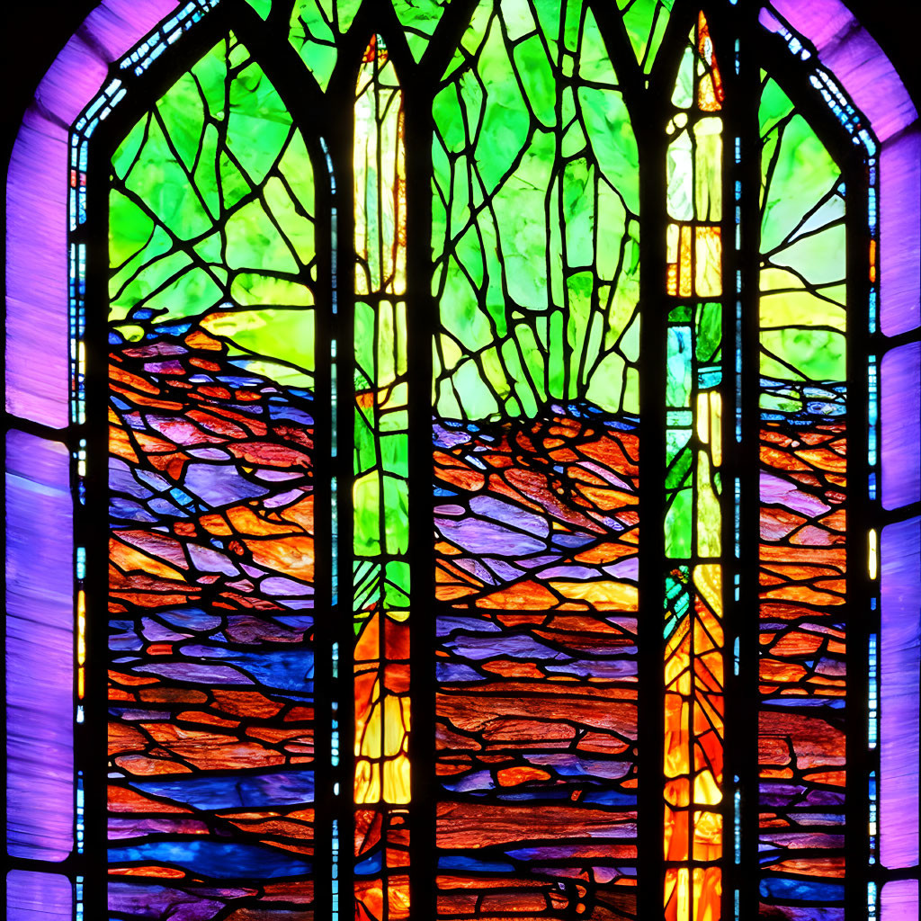 Colorful Stained Glass Window Depicting Trees in Purple, Orange, and Green