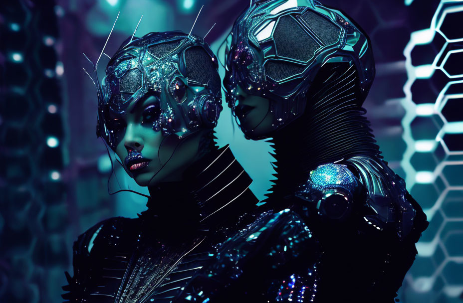 Futuristic black armored costumes with honeycomb patterns on helmets, set against a sci-fi background.