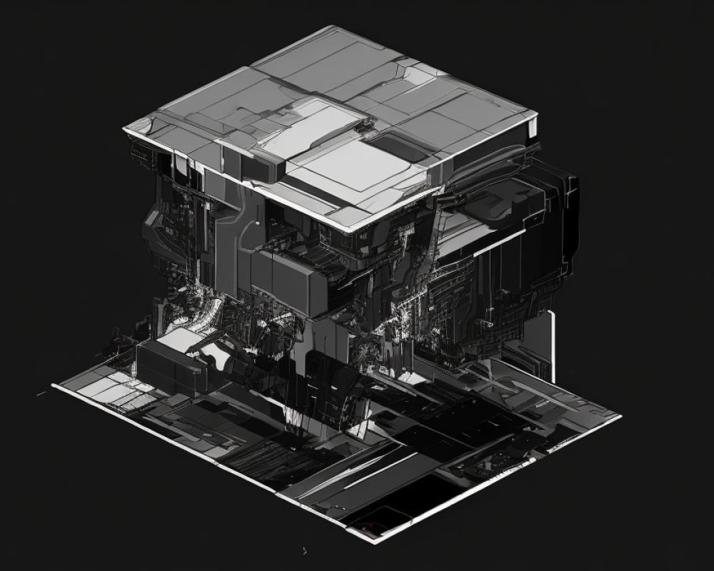 Detailed 3D futuristic cube structure in monochrome.