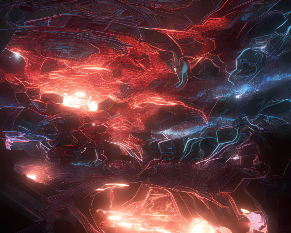 Abstract digital artwork: glowing red and blue patterns in futuristic neon-lit scene.