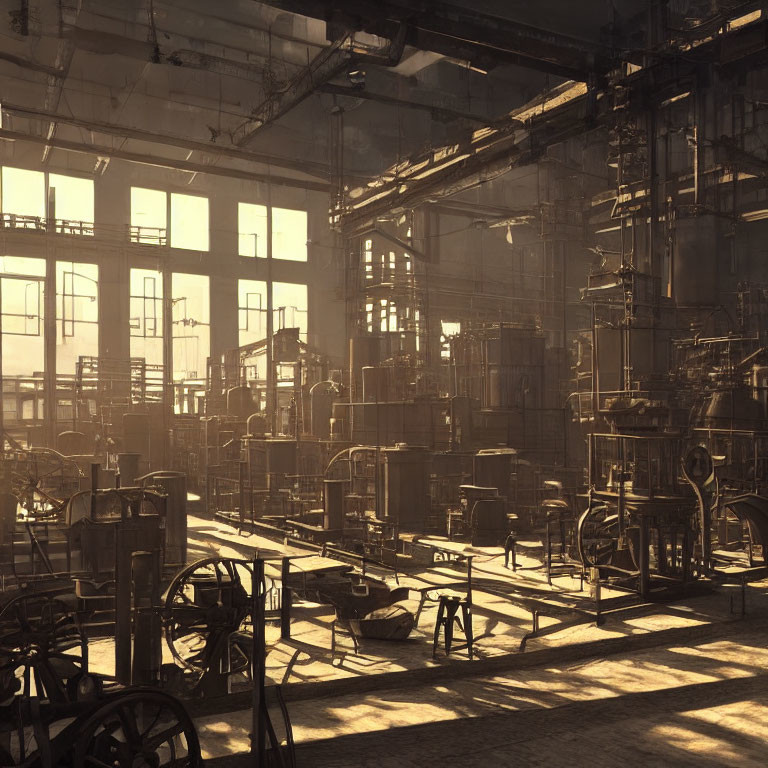 Industrial factory with sunlight streaming through large windows