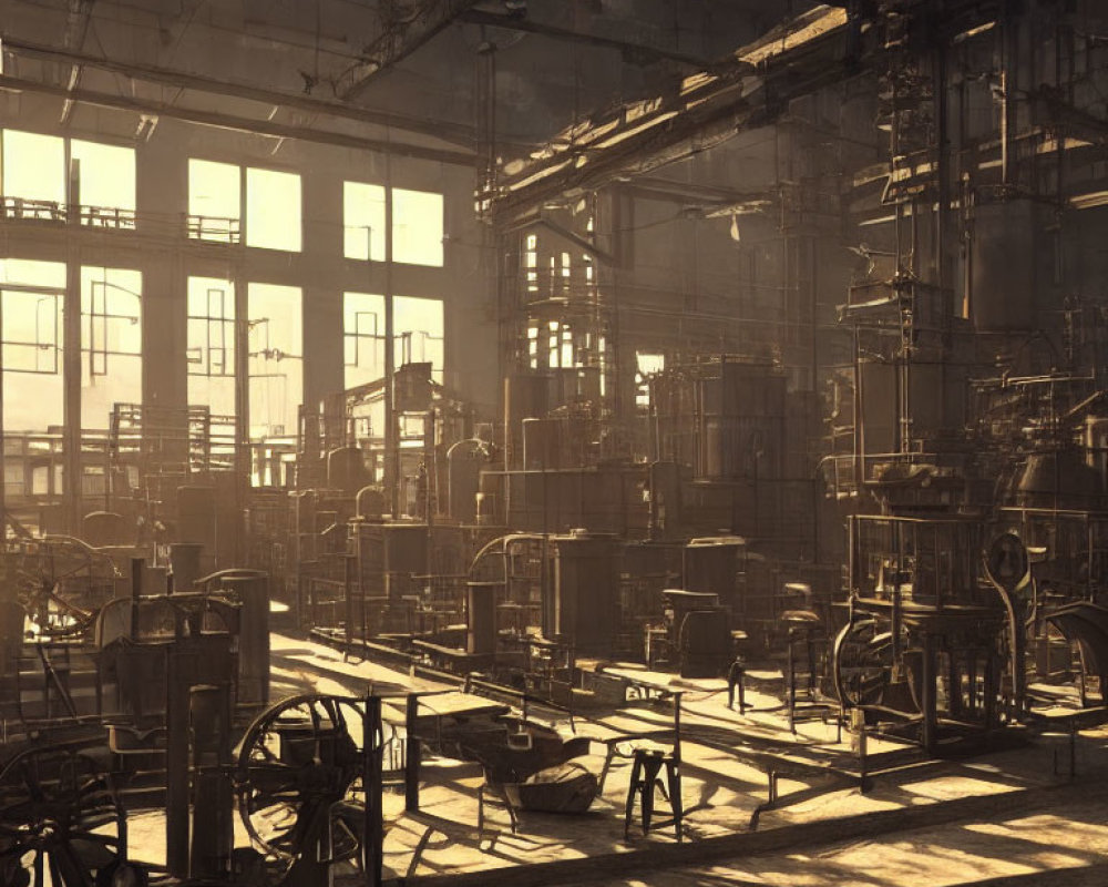 Industrial factory with sunlight streaming through large windows