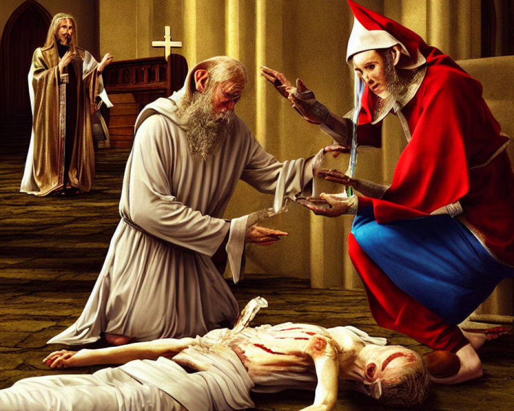 Dramatic church scene: man in robes helps wounded person.