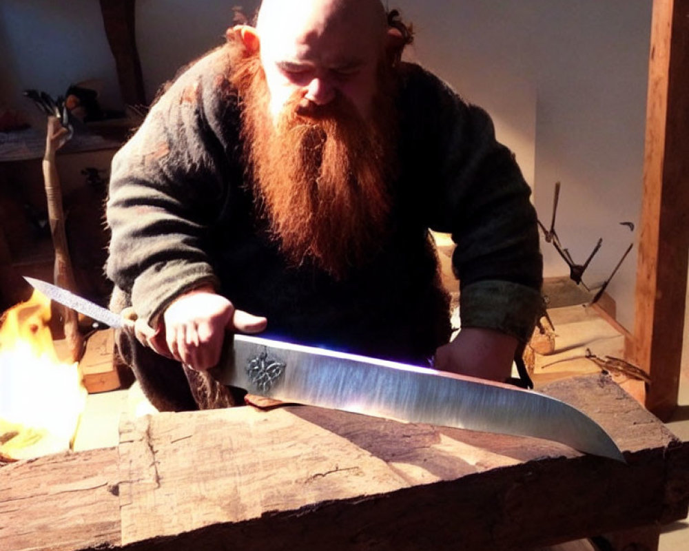 Craftsman forging glowing sword blade on an anvil