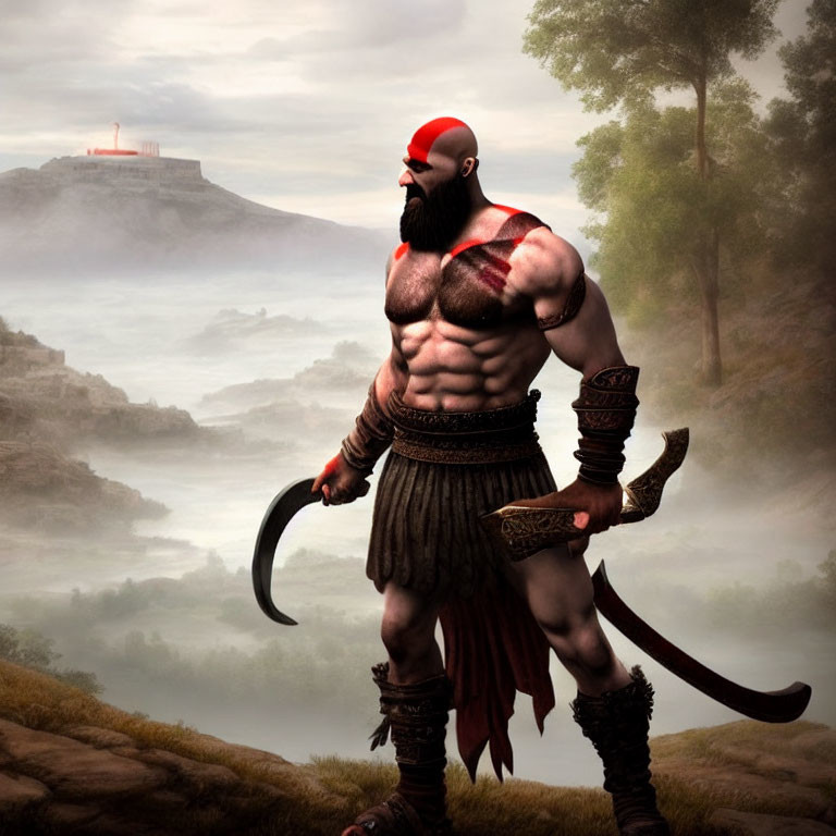 Muscular warrior with red beard and weapon in misty landscape with castle.