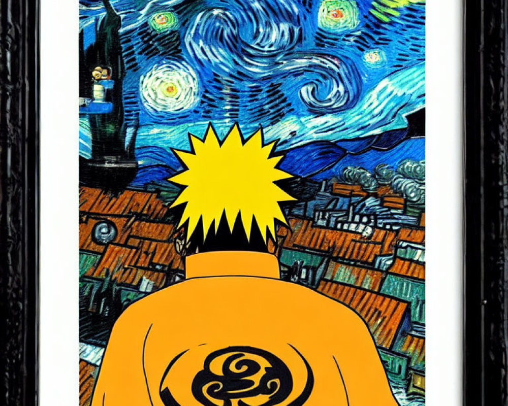 Spiky blond hair and orange jacket against starry night sky backdrop