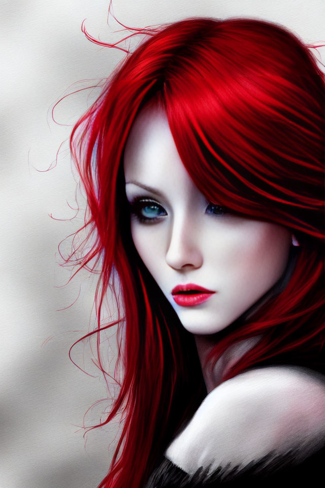 Illustrated Female Figure with Red Hair and Blue Eyes on Grey Background
