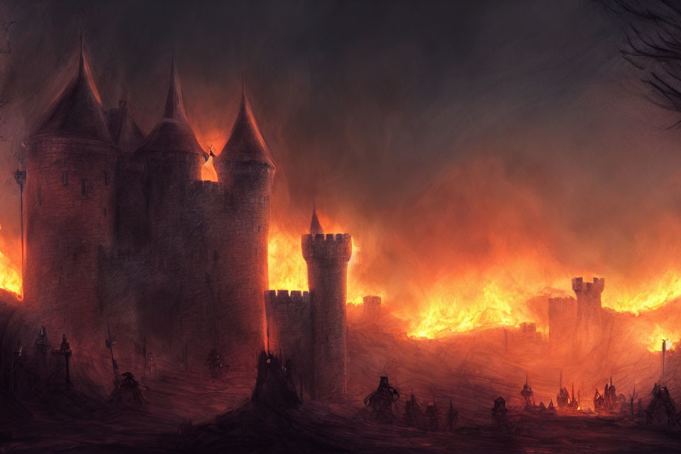 Foreboding castle in fiery apocalyptic landscape with ominous figures.