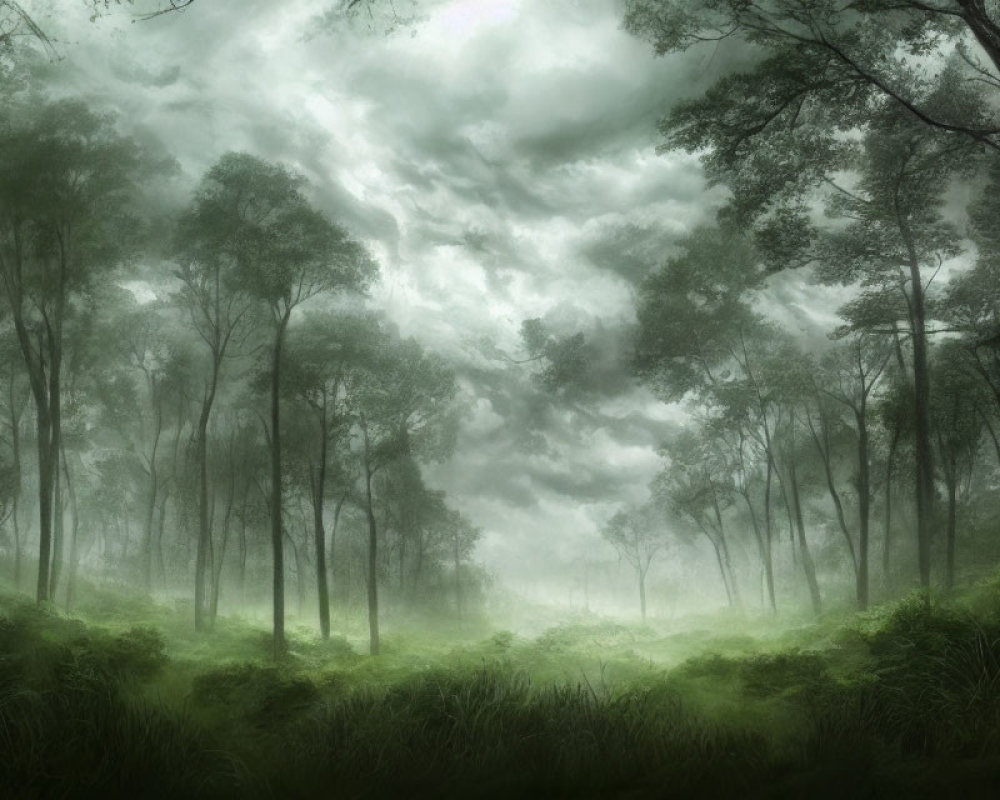 Moody forest scene with towering trees and lush undergrowth under dramatic cloudy sky