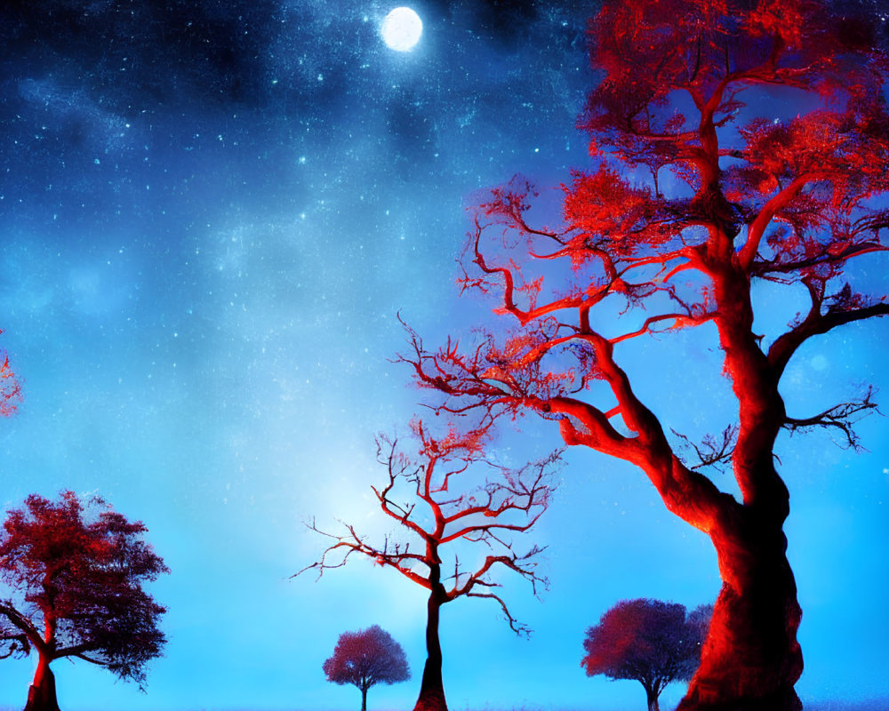 Night Sky with Full Moon and Silhouetted Trees in Mystical Blue Light