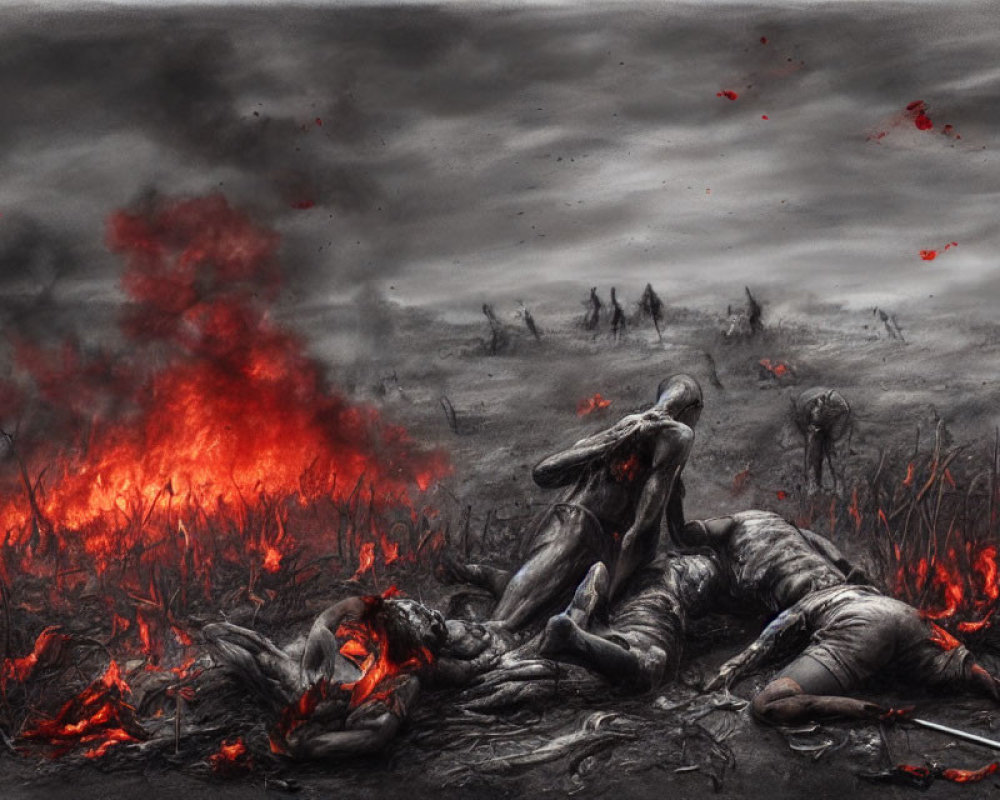 Apocalyptic humanoid figures in fiery, desolate landscape