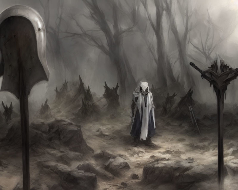 Mysterious figure in cloak on foggy battlefield with sword