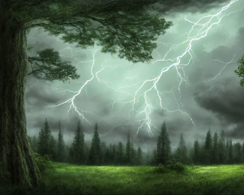 Dramatic lightning scene over lush green forest