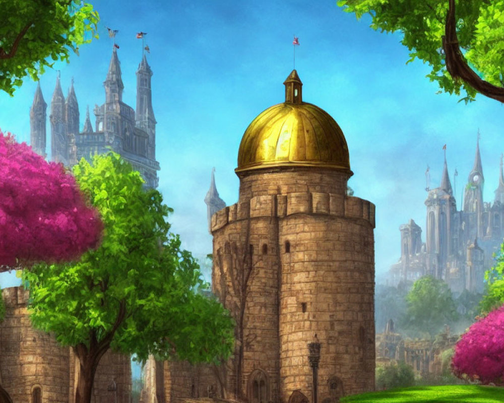 Fantasy landscape with golden tower and majestic castle in lush setting