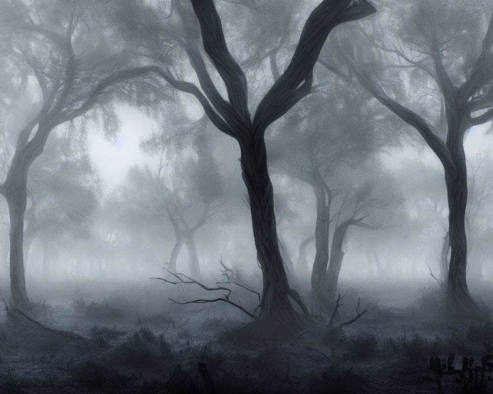 Eerie misty forest with twisted trees in dense fog