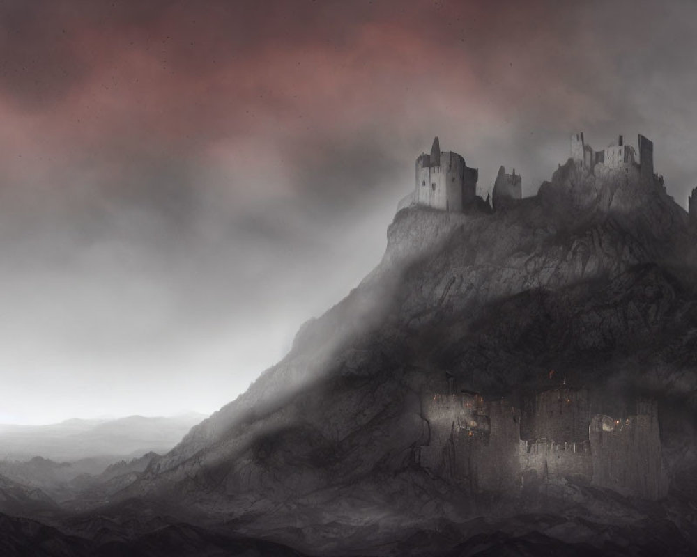 Foreboding castle on rocky cliff under gloomy sky