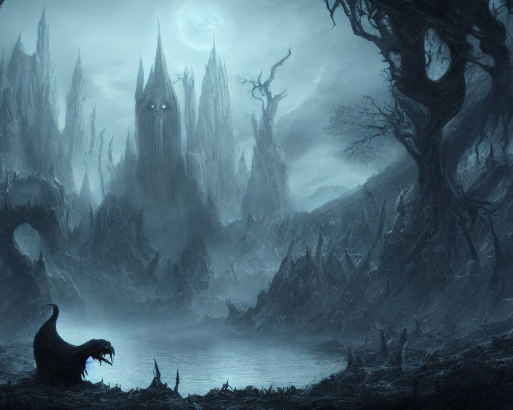 Dark Fantasy Landscape with Towering Spires, Twisted Trees, and Mysterious Creature