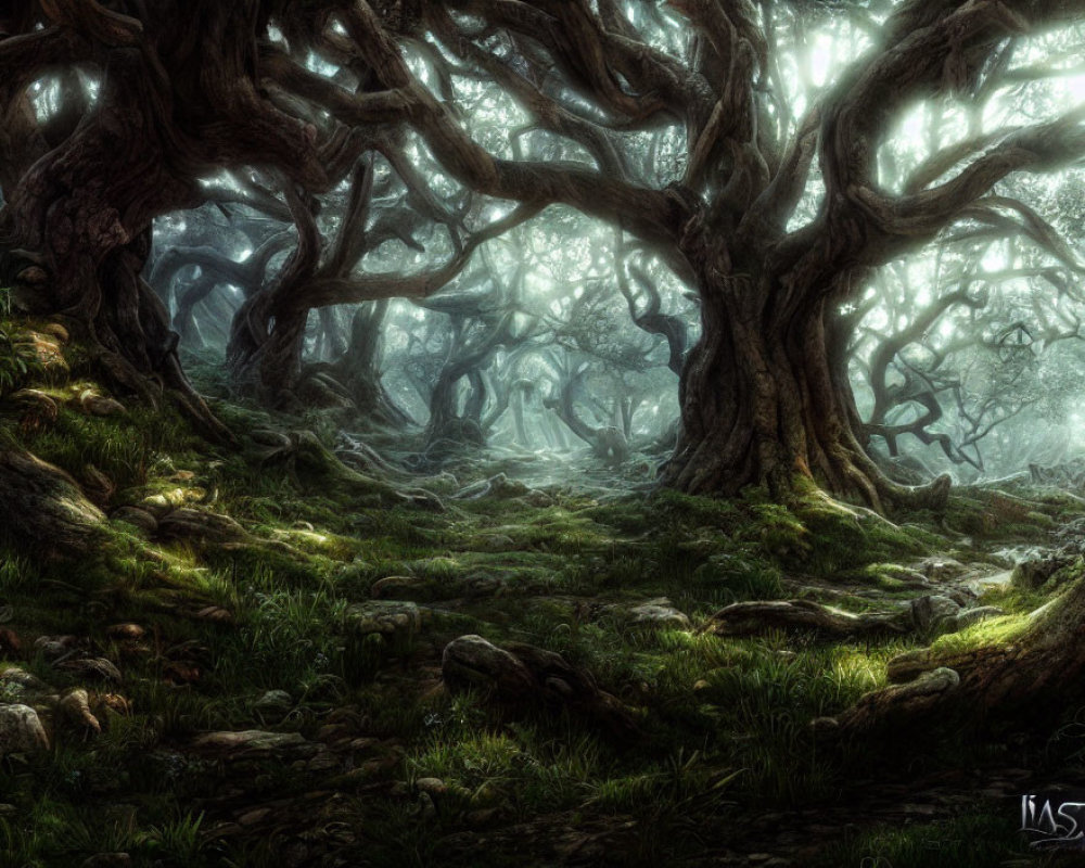 Mystical forest scene: twisted ancient trees, ethereal light, moss-covered floor