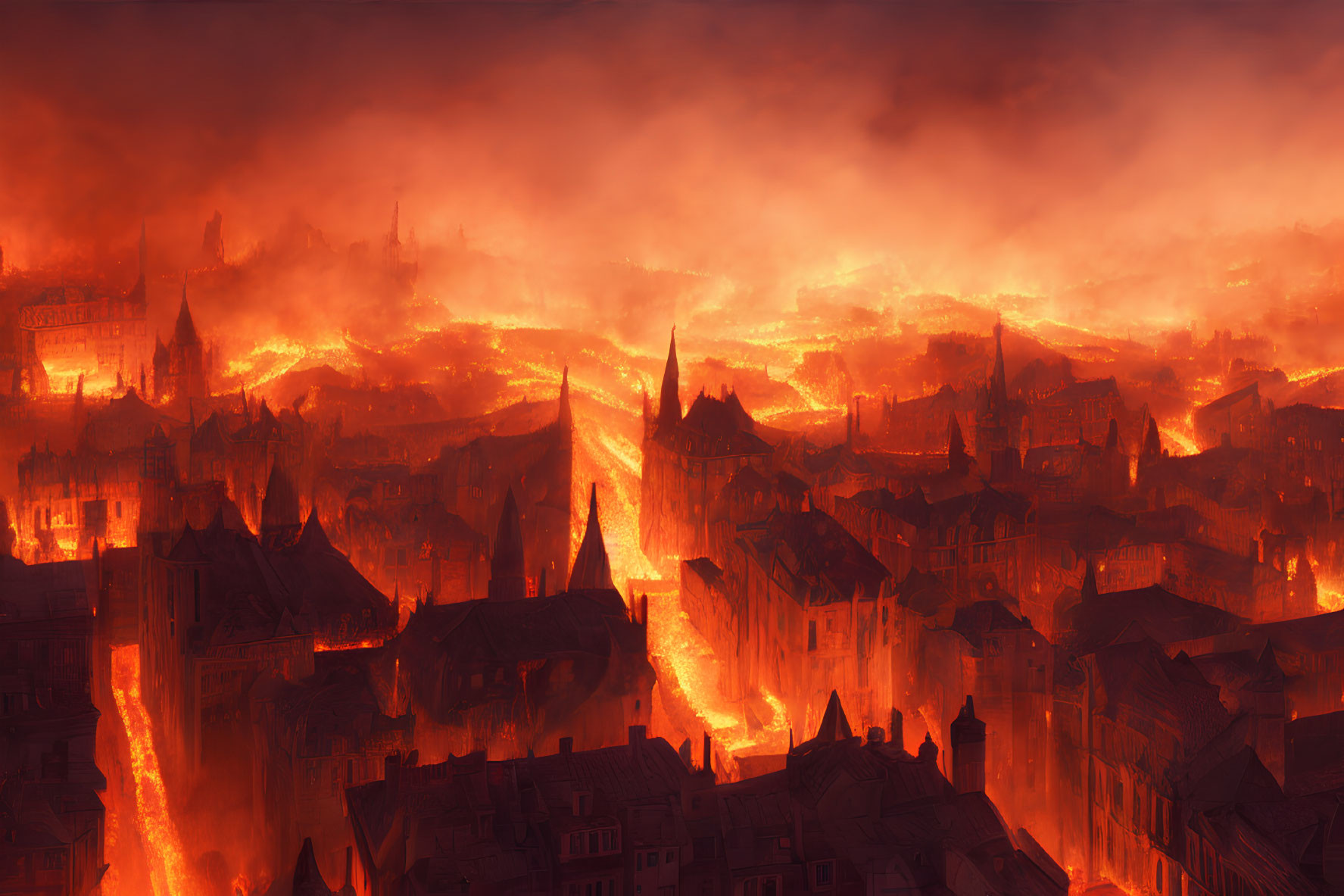 City engulfed in flames with ominous orange glow and smoke-filled sky