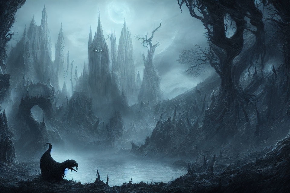 Dark Fantasy Landscape with Towering Spires, Twisted Trees, and Mysterious Creature