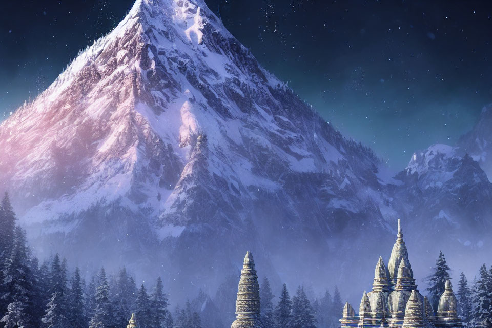 Snowy Mountain Landscape with Illuminated Towers at Night