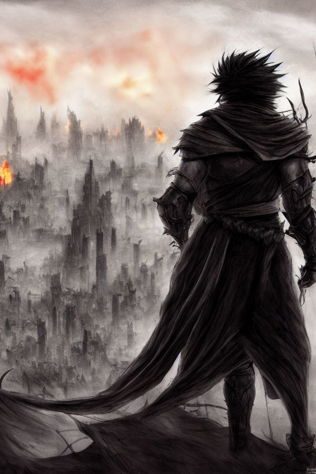 Cloaked warrior gazes at smoldering city in fiery sky