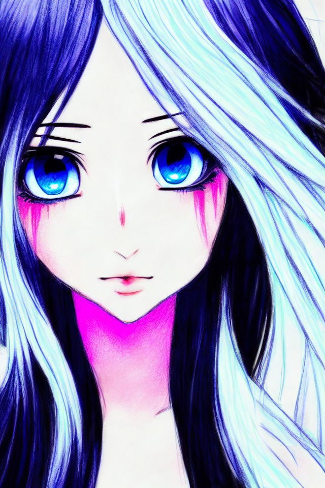 Vibrant anime girl with blue eyes and black hair with blue streaks