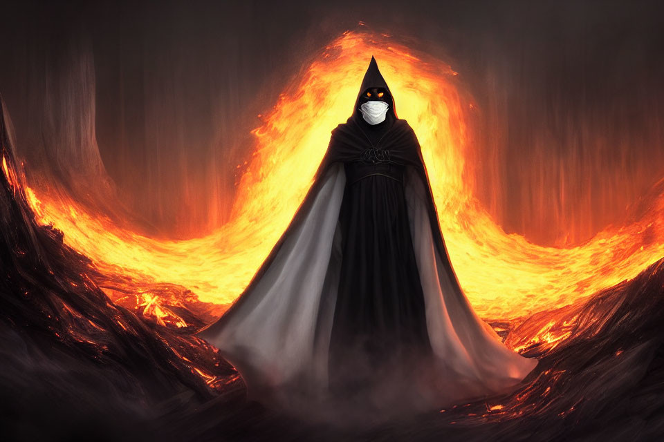 Cloaked figure with glowing eyes in front of fiery backdrop