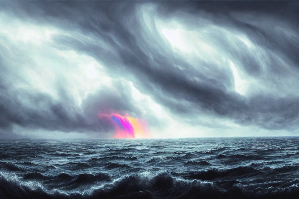 Stormy Seascape with Colorful Aurora Light on Horizon