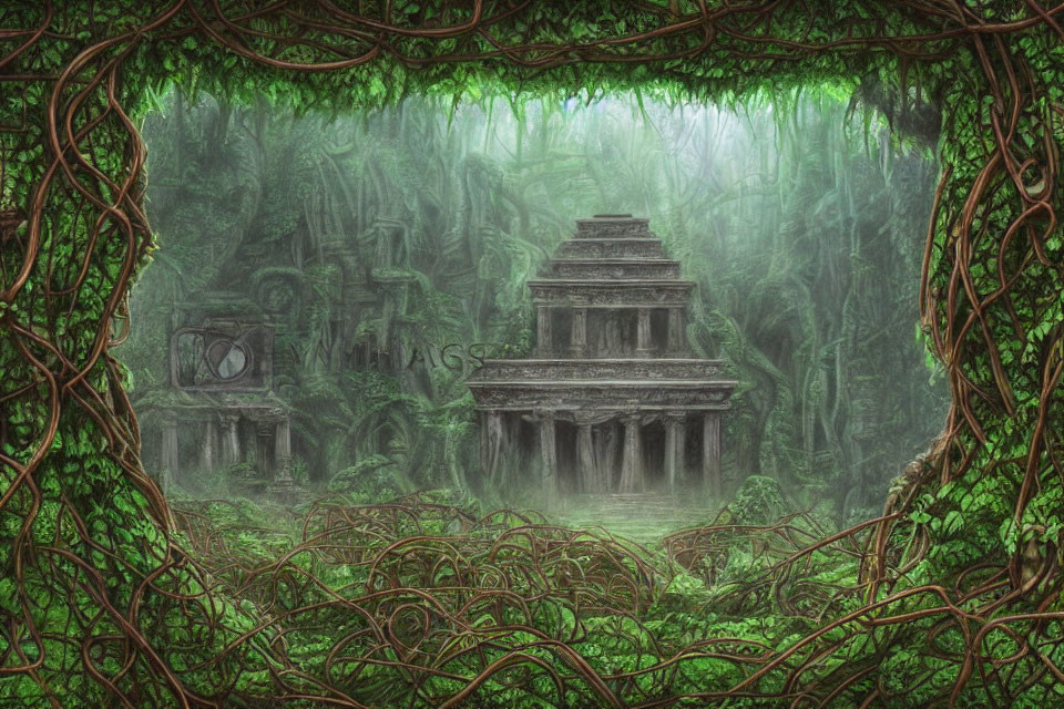 Overgrown ancient temple in misty jungle with twisted vines