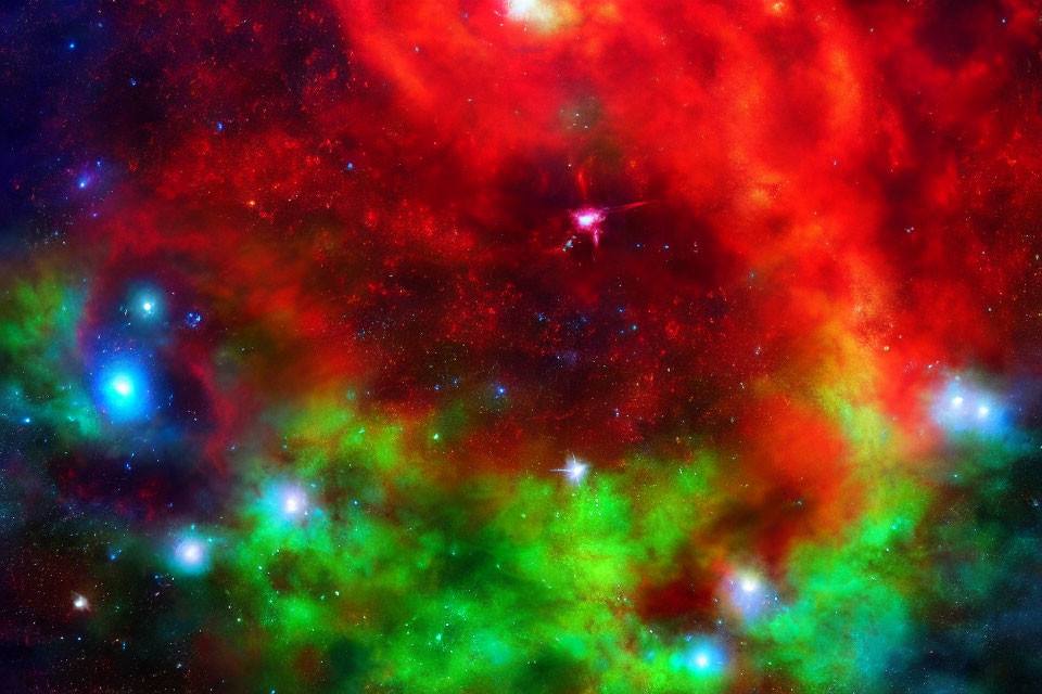 Colorful cosmic image with red, blue, and green hues and celestial formations