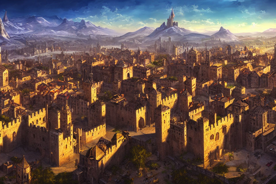 Medieval Fantasy Cityscape with Stone Towers and Castles