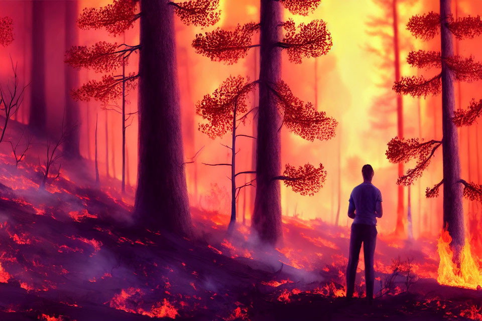 Person observes forest wildfire with engulfed trees under red sky
