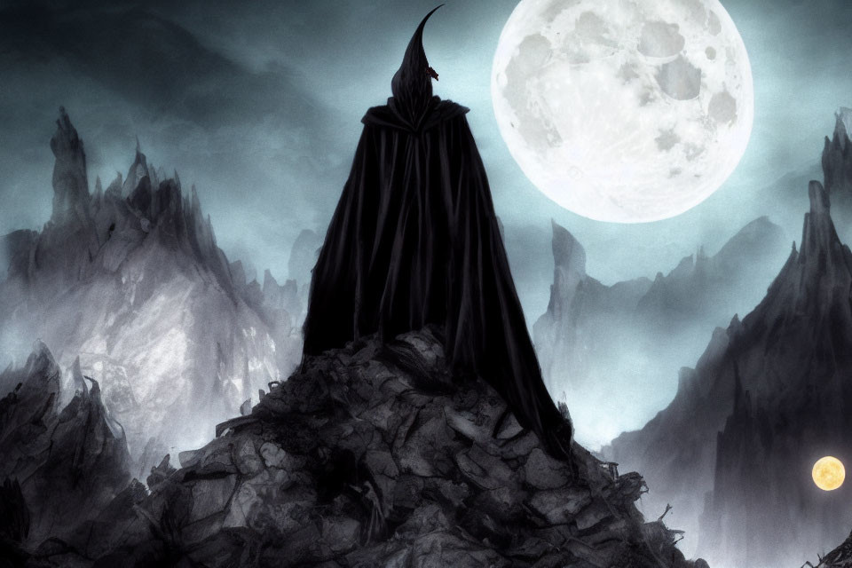 Cloaked figure on craggy peak under full moon in misty mountain landscape