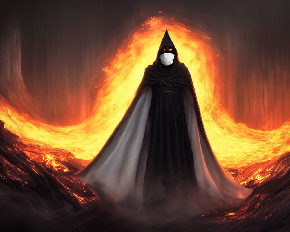 Cloaked figure with glowing eyes in front of fiery backdrop