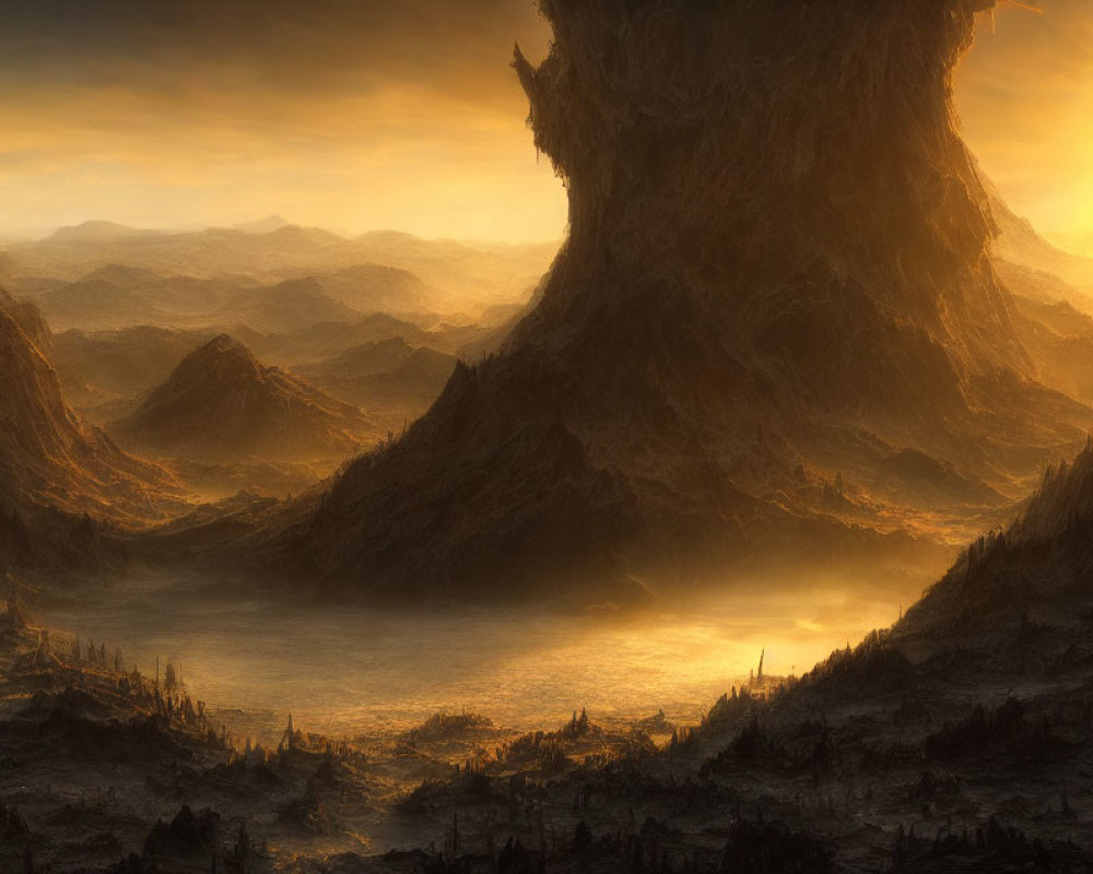 Fiery landscape with jagged mountains and blazing sun
