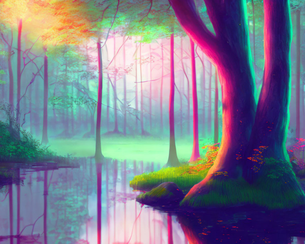 Colorful Fantasy Forest Reflecting in Tranquil Pond
