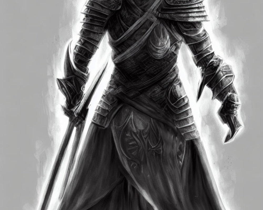 Monochrome sketch of stern-faced warrior in armor with sword and flowing cape.