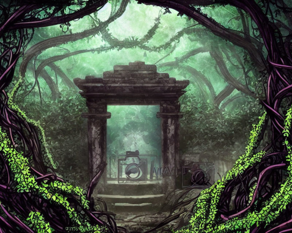 Ancient stone gateway in mystical forest with twisted vines and lush greenery