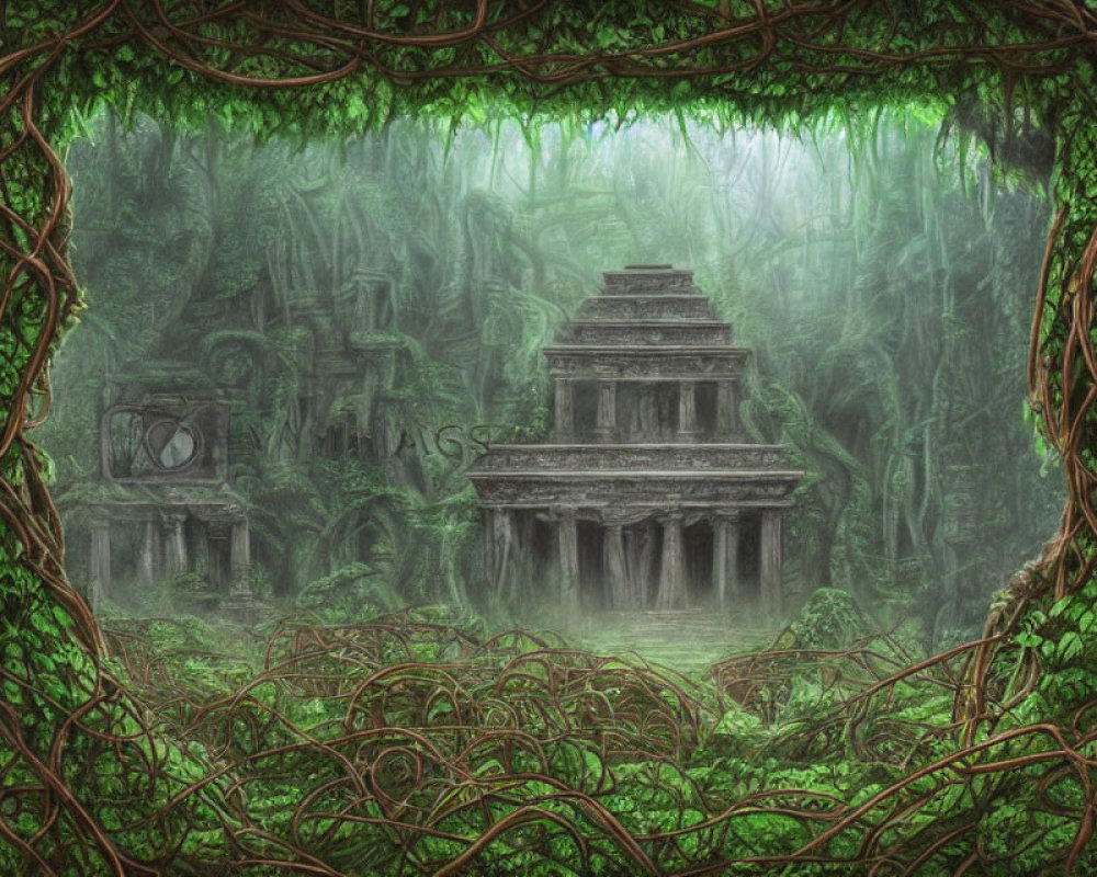 Overgrown ancient temple in misty jungle with twisted vines