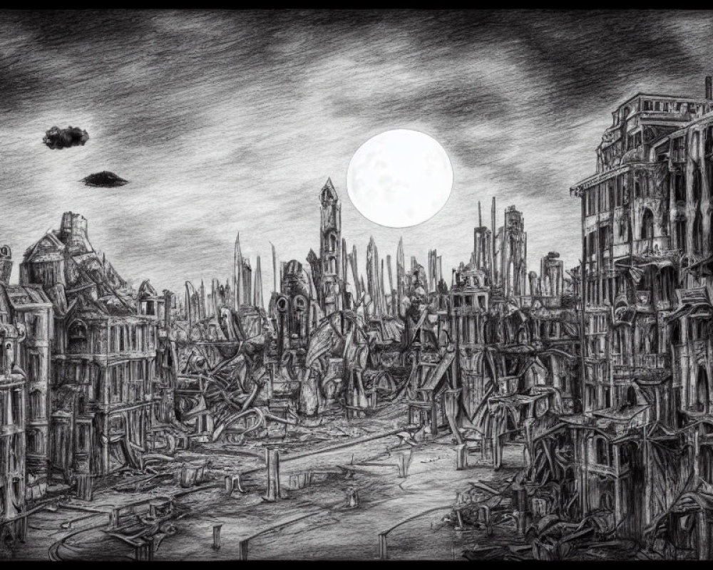 Monochrome pencil sketch of a ruined cityscape under a full moon