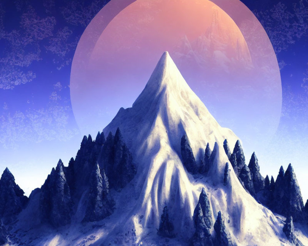 Snowy mountain peak above forest under pink moon in twilight sky