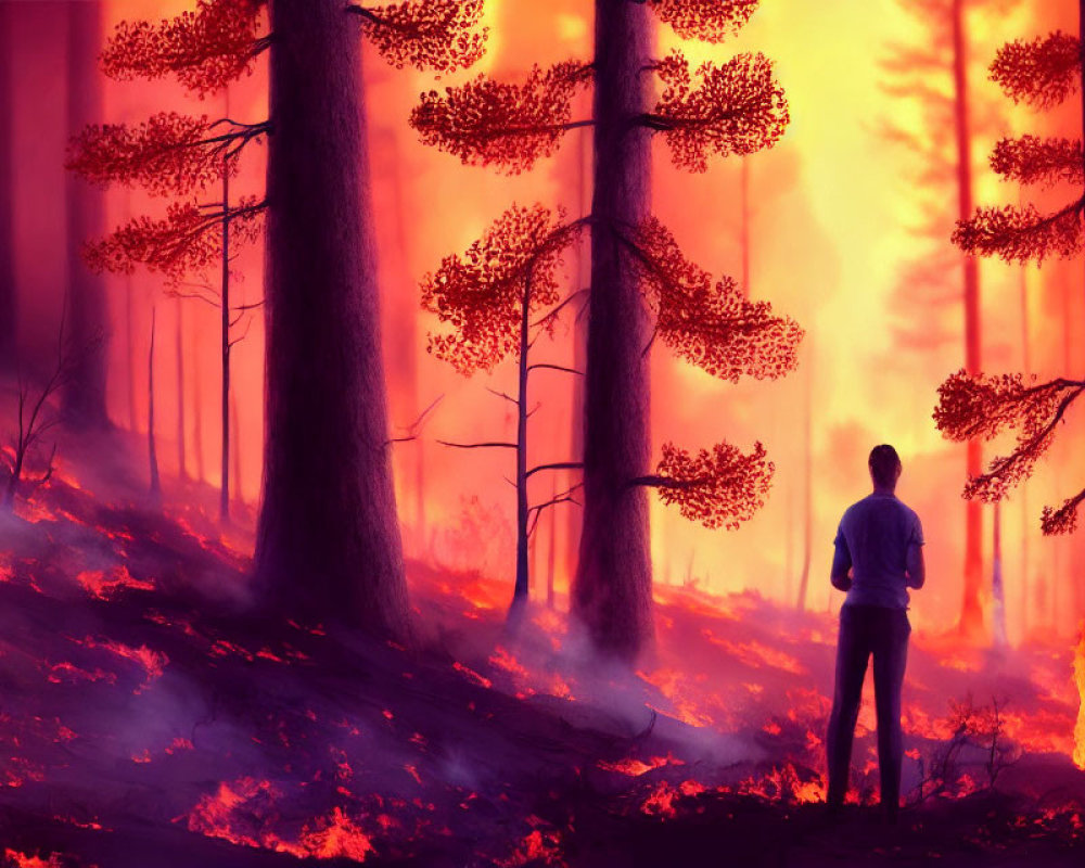 Person observes forest wildfire with engulfed trees under red sky